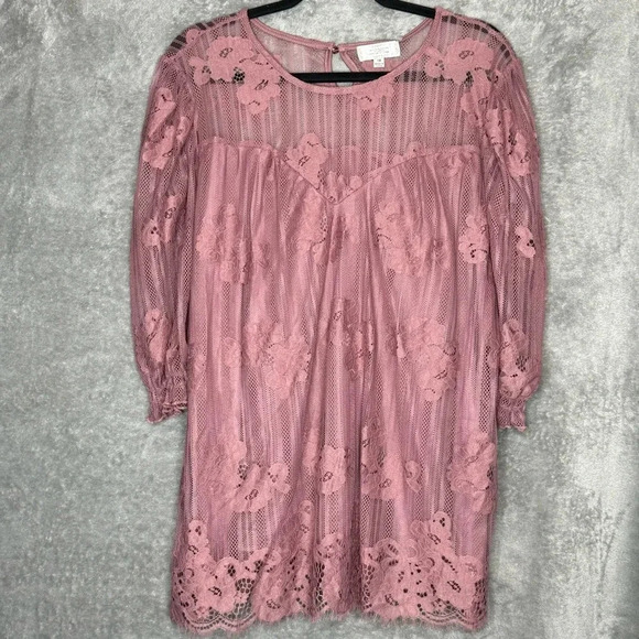 Shannon Ford 1X Shirt Top Pink Floral Flower Lace Short Sleeve Scoop Neck Sheer - Picture 1 of 9